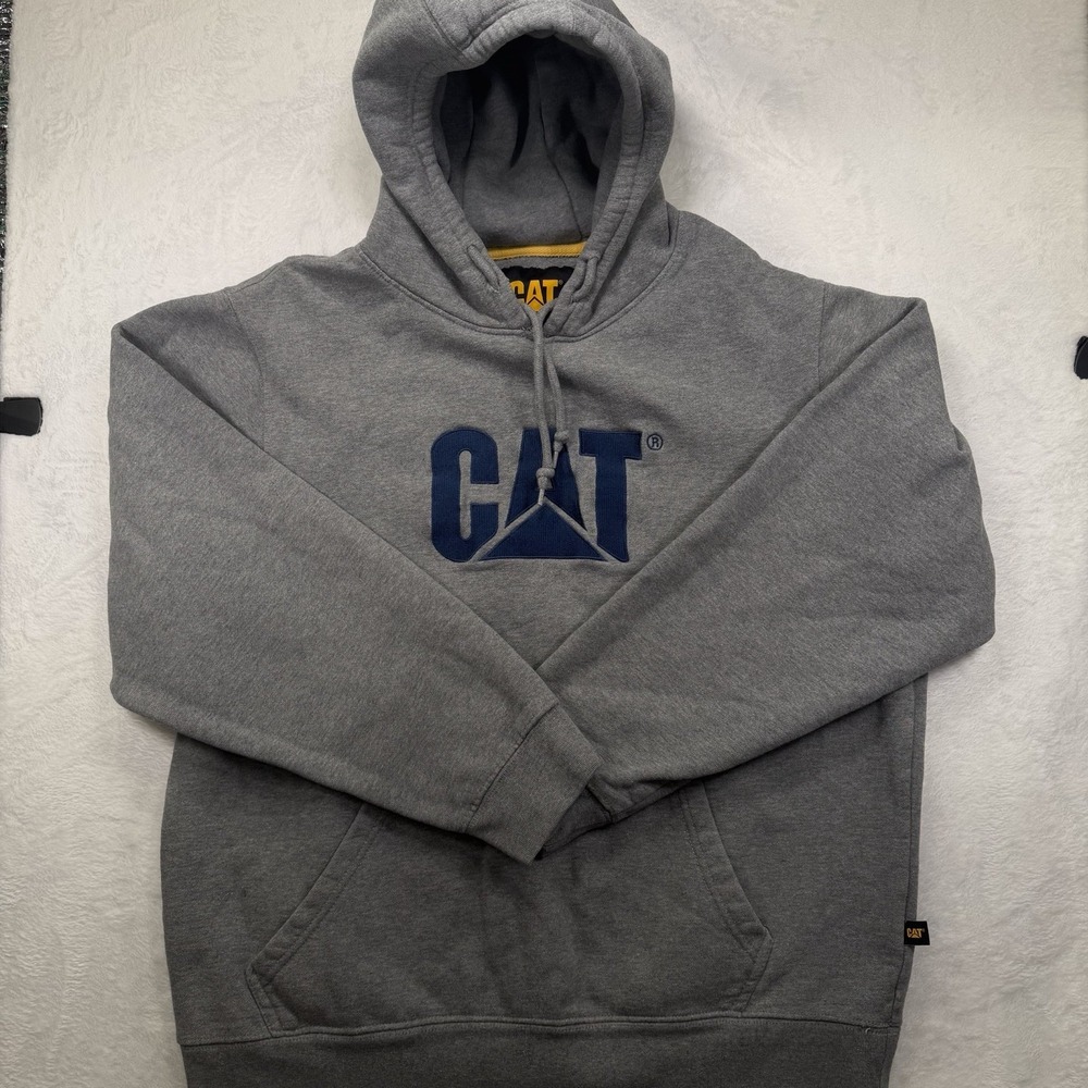 CAT Caterpillar Mens XL Gray Navy Logo Hoodie Heavy Cotton Workwear Pullover
